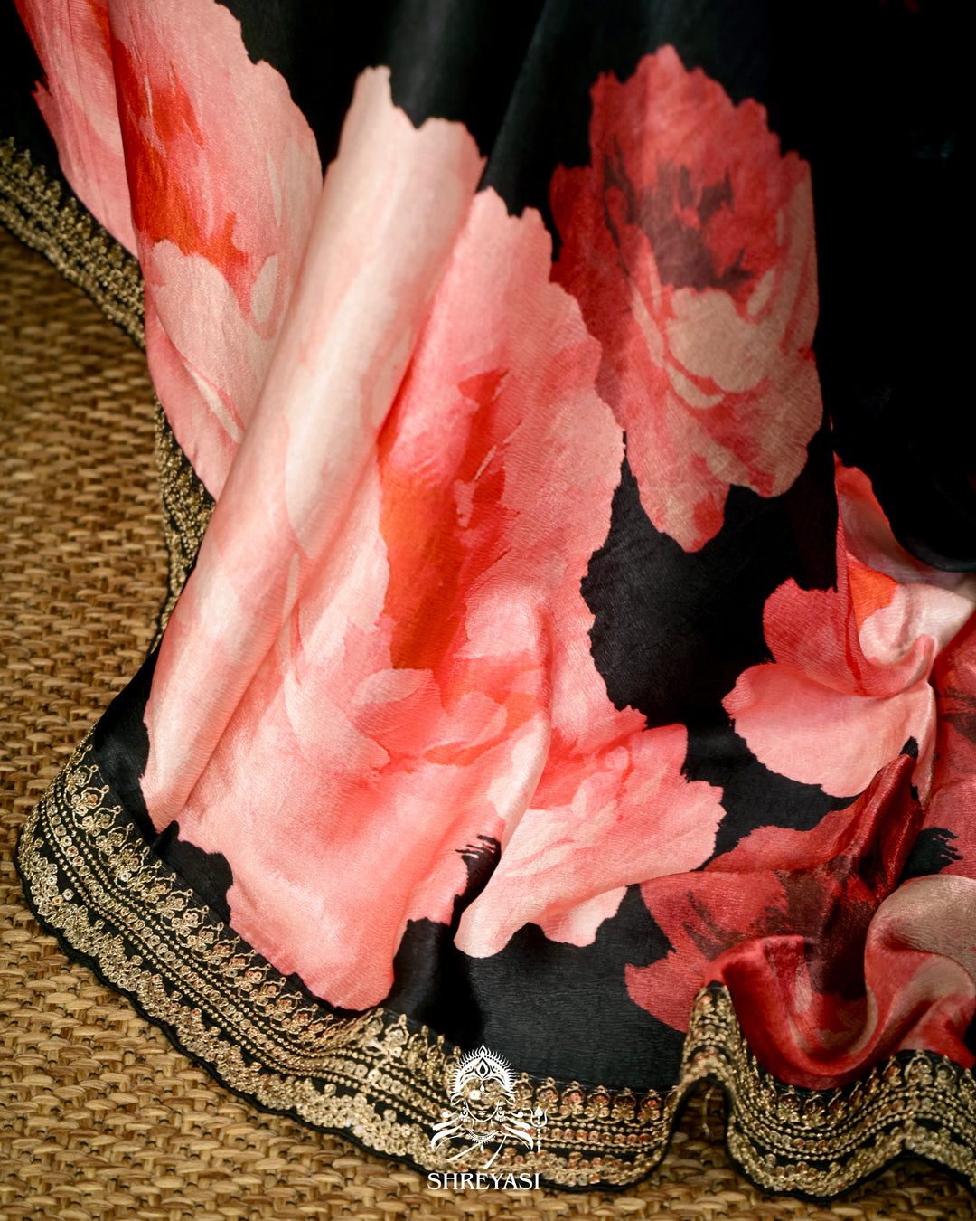 Black Chinon Satin Floral Saree with Embroidered Border