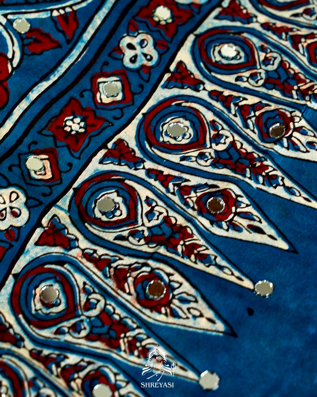 Mirror Work Pure Modal Silk Ajrakh Hand Block Printed Saree | Naturally Dyed Artisan Collection