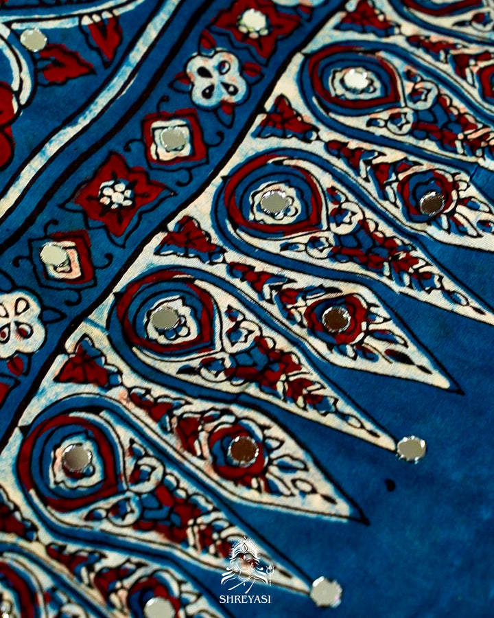 Mirror Work Pure Modal Silk Ajrakh Hand Block Printed Saree | Naturally Dyed Artisan Collection