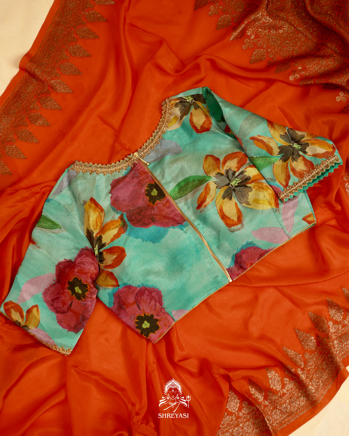 Banarasi Crepe Silk Saree with Floral Embroidered Blouse