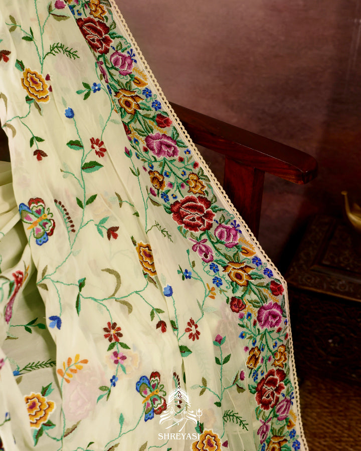 Pure Georgette Saree with Petit Point Embroidery and Lace Borders