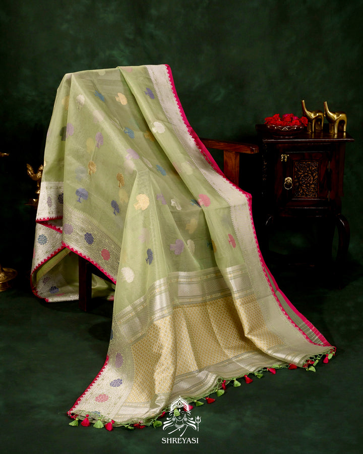 Handloom Pure Banarasi Ektara Kora Silk Saree with Meenakari Weaving & Embroidered Blouse