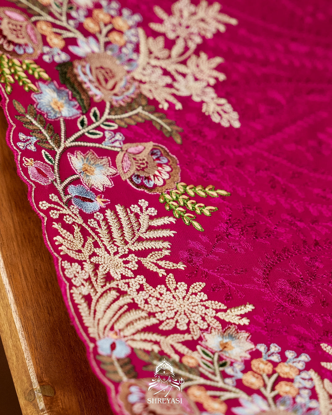 Premium Pure Georgette Chikankari Saree in Jewel Magenta with Embroidered Floral Borders