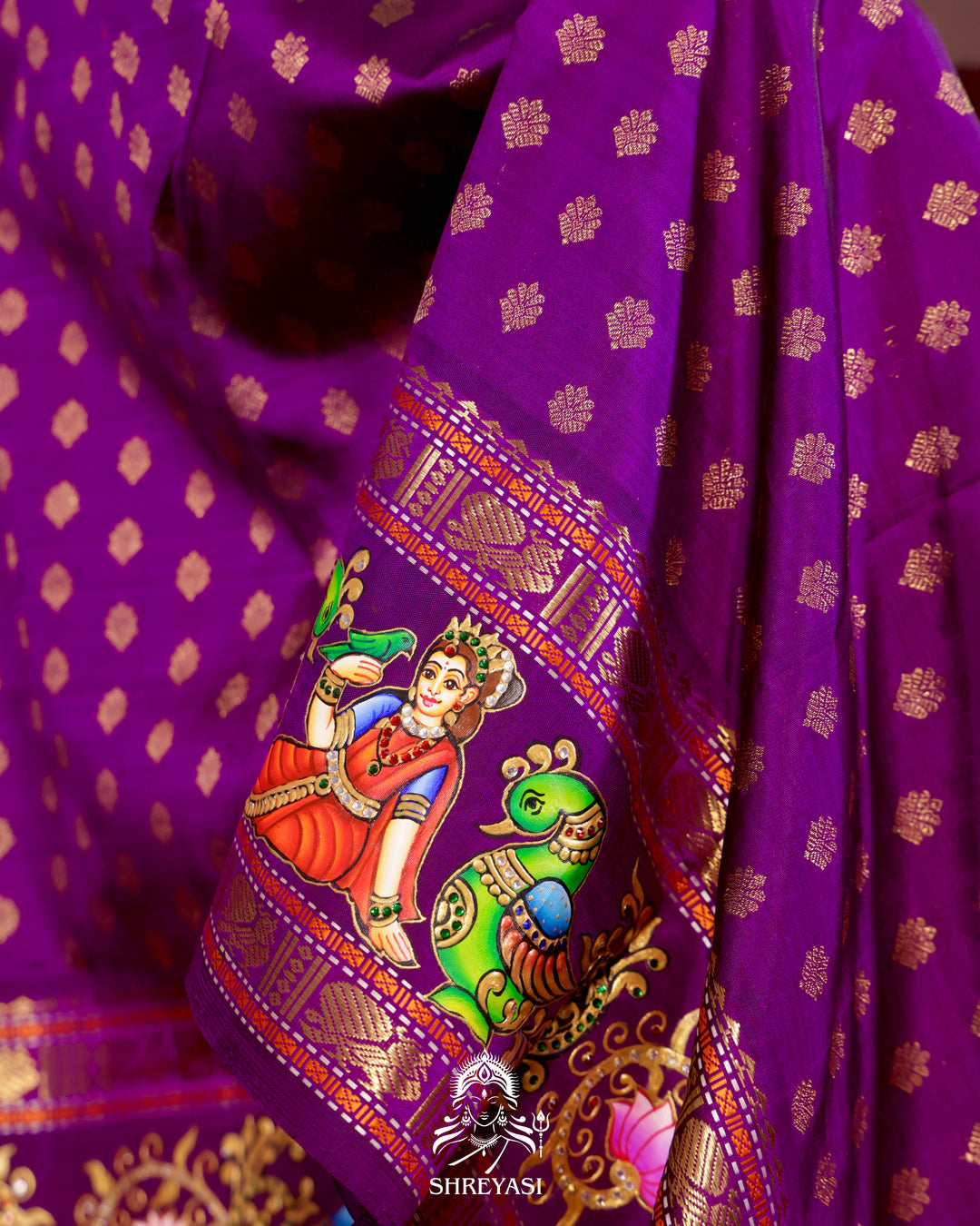 Handloom Pure Kanjivaram Silk Saree in Real Zari with Tanjore Madhura Meenakshi, Mayil and Kamalam Artwork