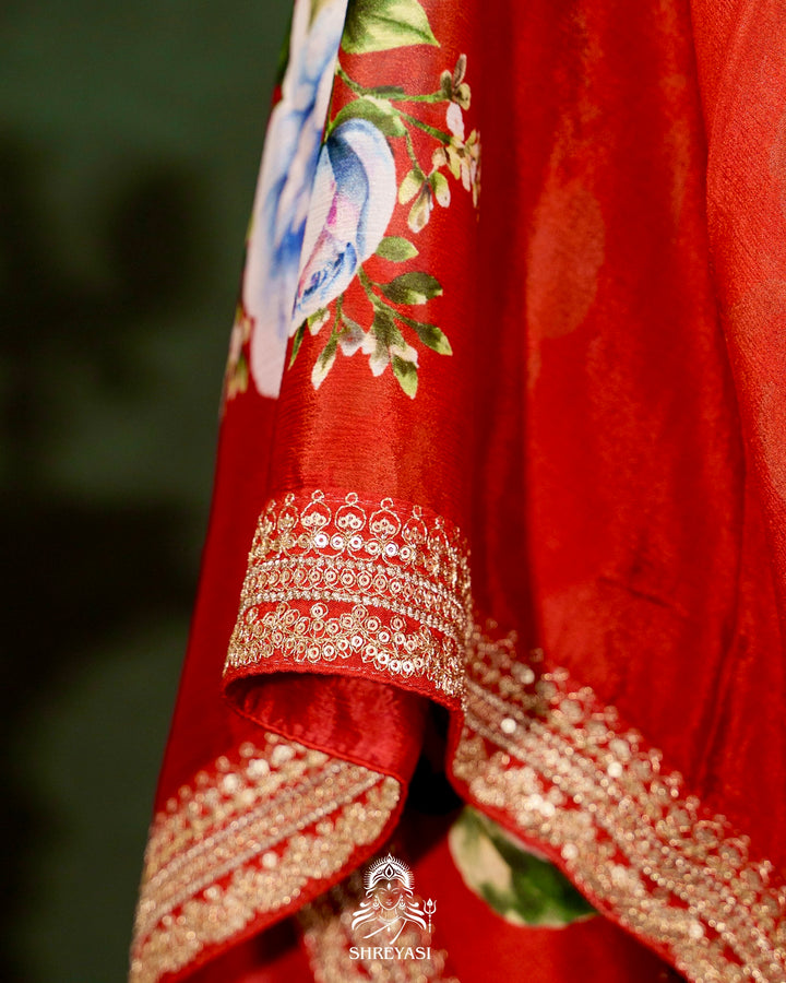 Pure Chinon Satin Silk Saree with Floral Print & Embroidered Border