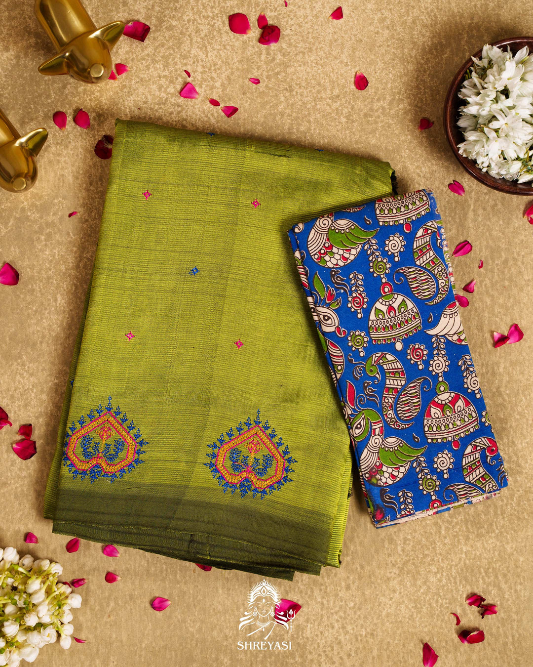 Handloom Pure Mangalagiri Silk Sarees with Mirror Work & Embroidery | Pen Kalamkari Blouse