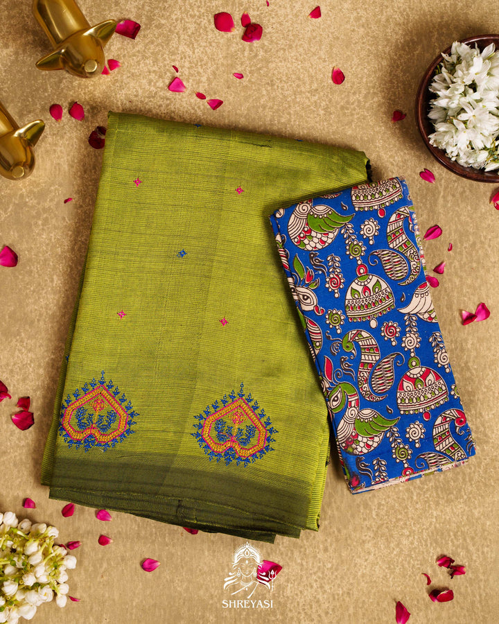 Handloom Pure Mangalagiri Silk Sarees with Mirror Work & Embroidery | Pen Kalamkari Blouse
