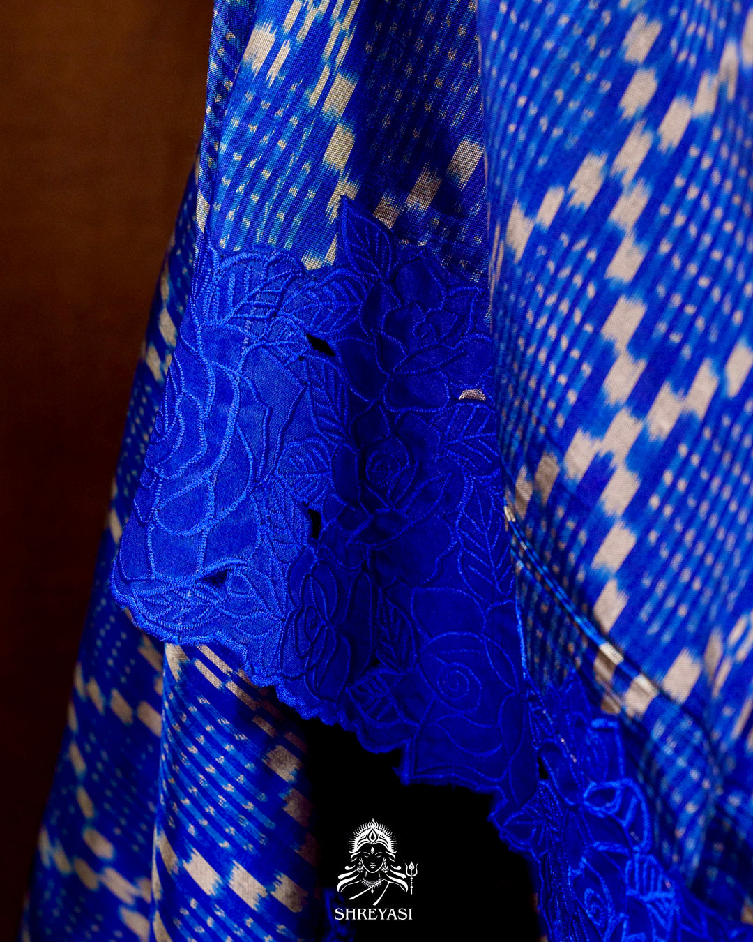 Handloom Pure Patola Silk Saree with Scalloped Floral Appliqué Embroidered Borders