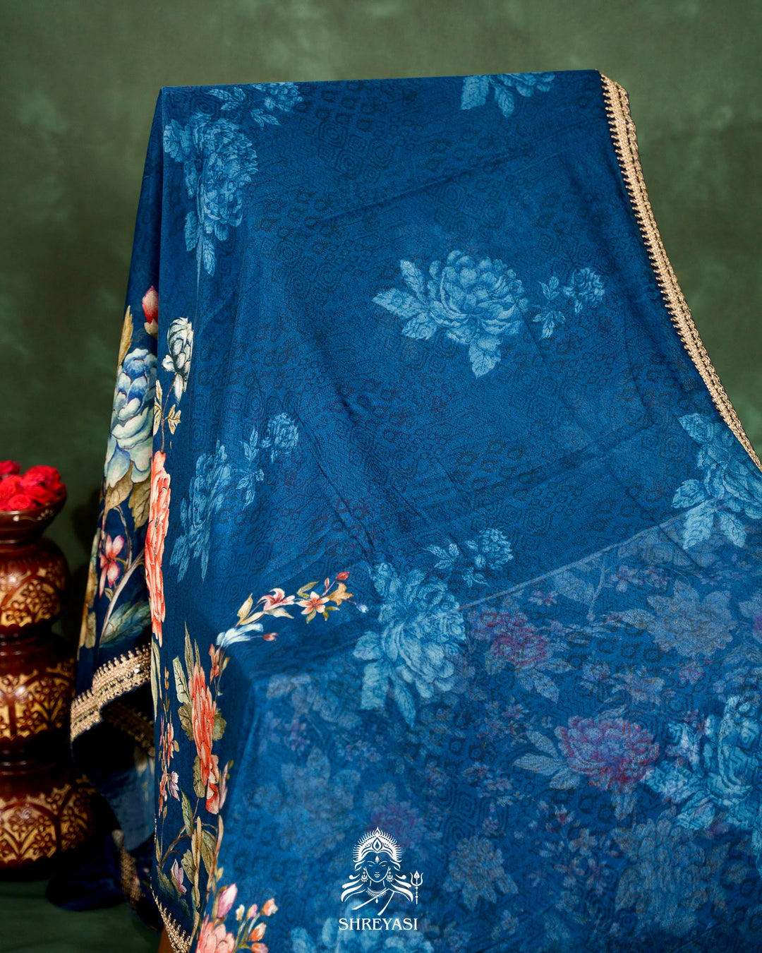 Floral Crepe Chiffon Saree with Embroidered Borders
