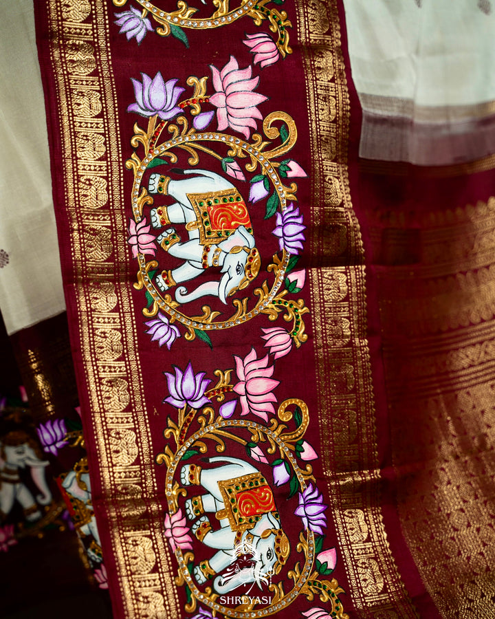 Traditional Tanjore Painting on Handloom Pure Kanjivaram Silk Sarees with Real Zari