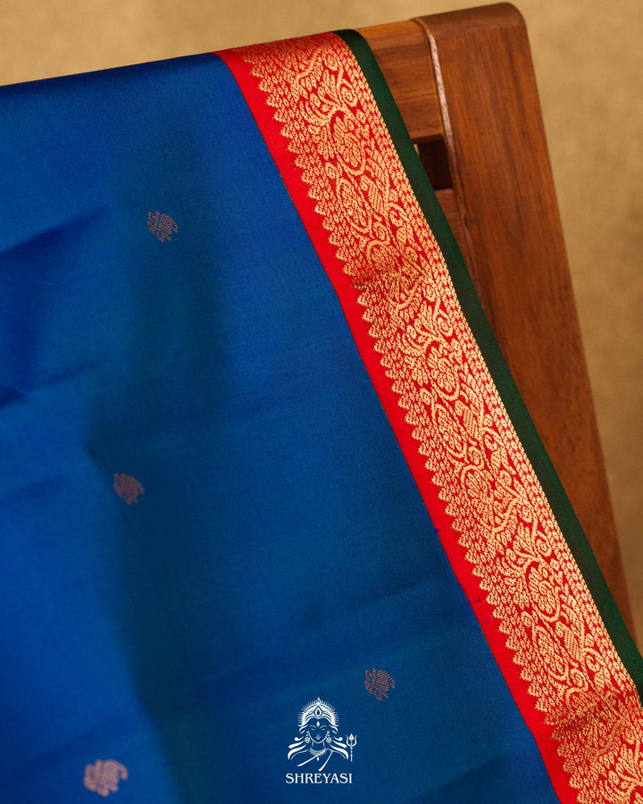 Handloom Pure Kanjivaram Silk Saree in MS Blue with Classic Vintage Borders