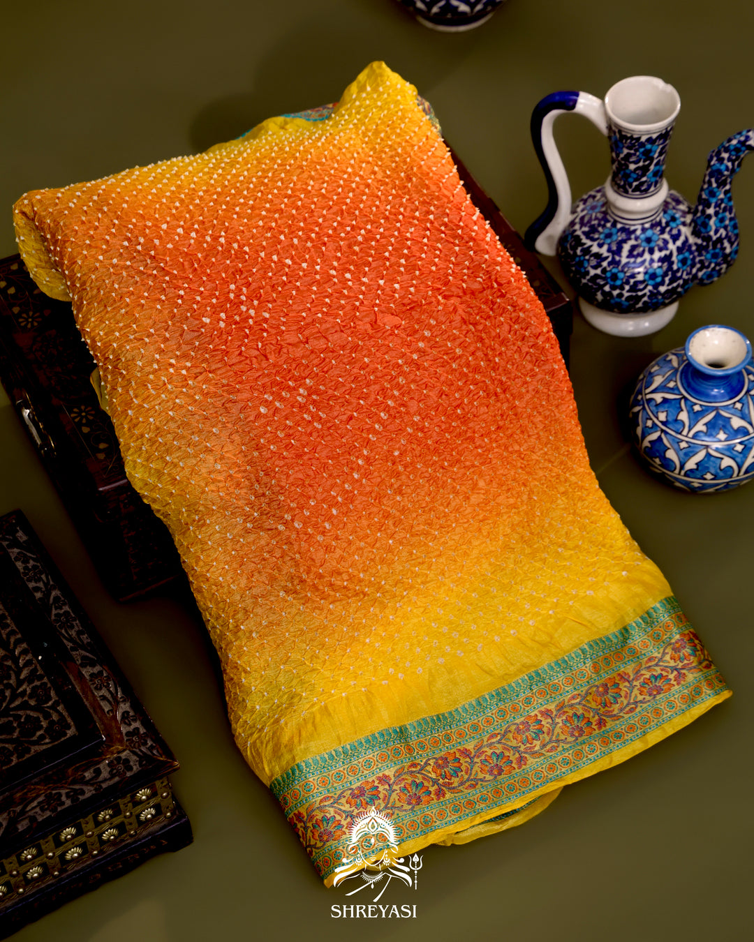 Hand Knotted Bandhej Tussar Silk Saree with Meenakari Weaving