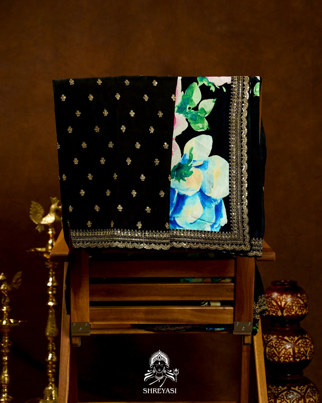 Pure Chinon Satin Saree with Floral Print and Embroidered Borders