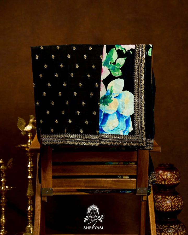 Pure Chinon Satin Saree with Floral Print and Embroidered Borders