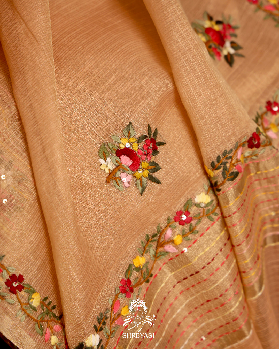 Tissue Linen Saree with Resham Floral Embroidery