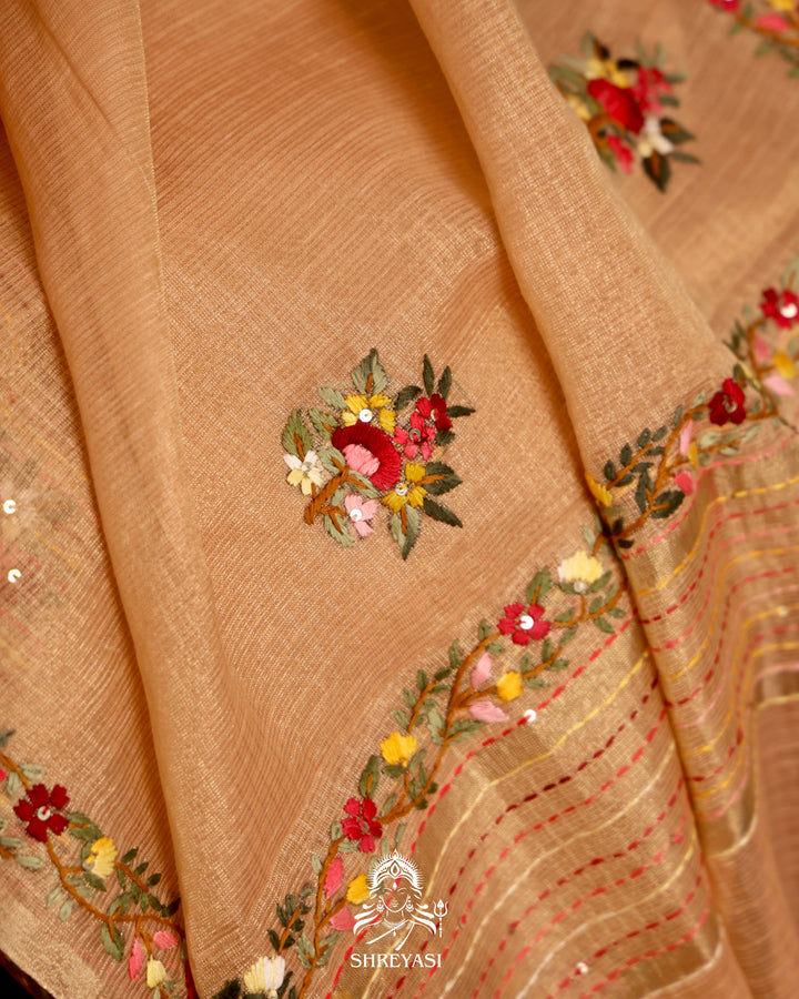 Tissue Linen Saree with Resham Floral Embroidery