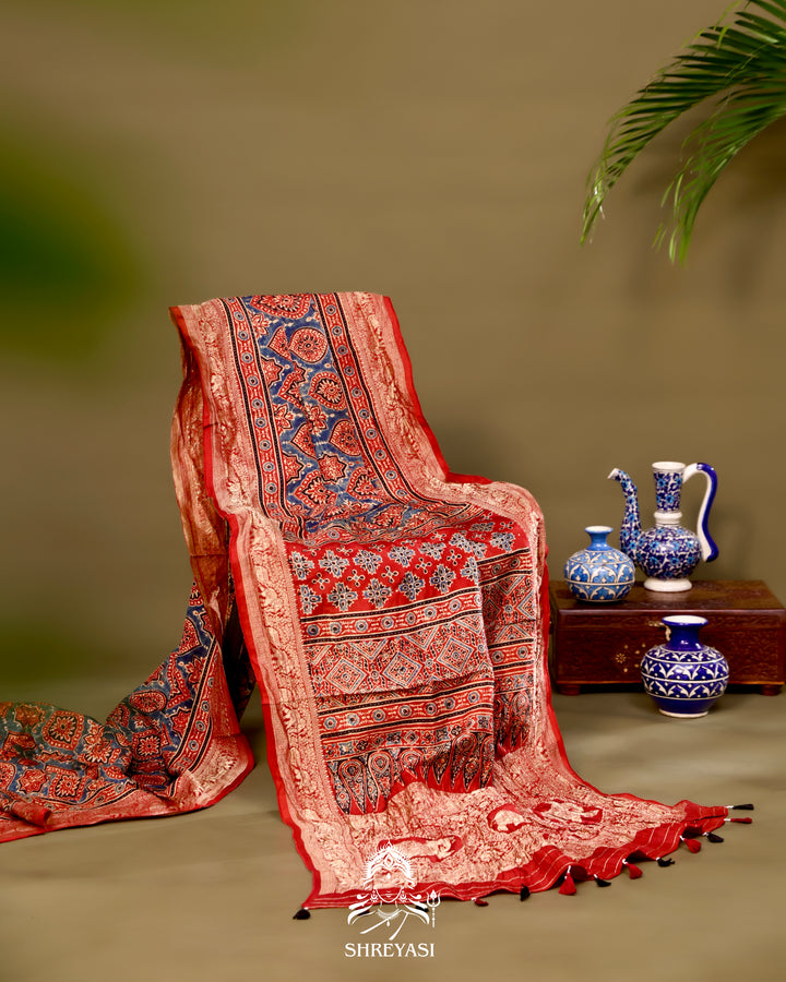 Hand Block Printed Ajrakh Dola Silk Saree with Zari Brocade Blouse