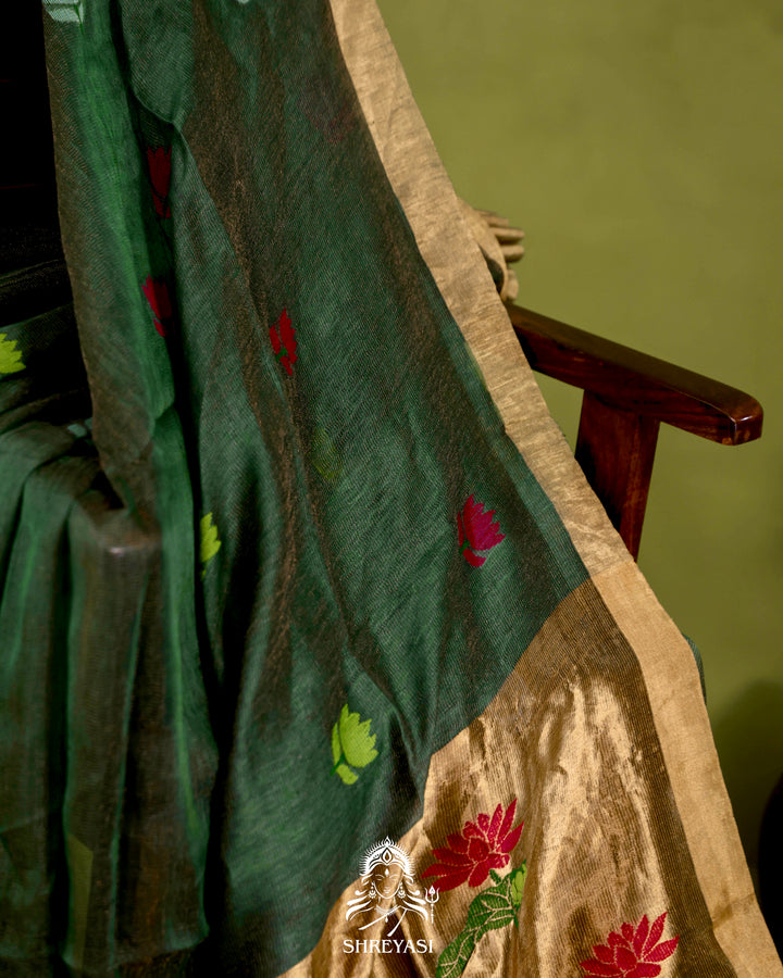 Handloom Silk Linen Jamdani Saree with Tissue Paithani Pallu