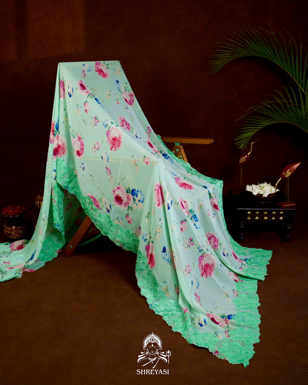 Pure Georgette Floral Saree with Chantilly Lace Embroidery Border