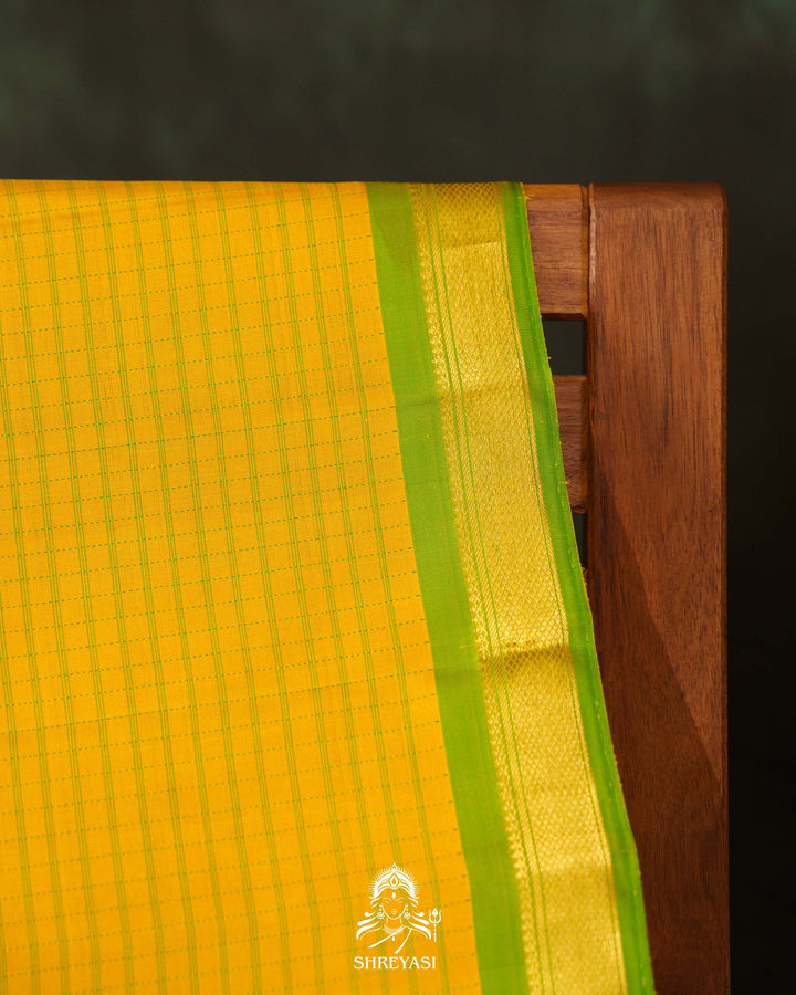 Yellow & Parrot Green Kattam Checks Kanjivaram Silk Saree