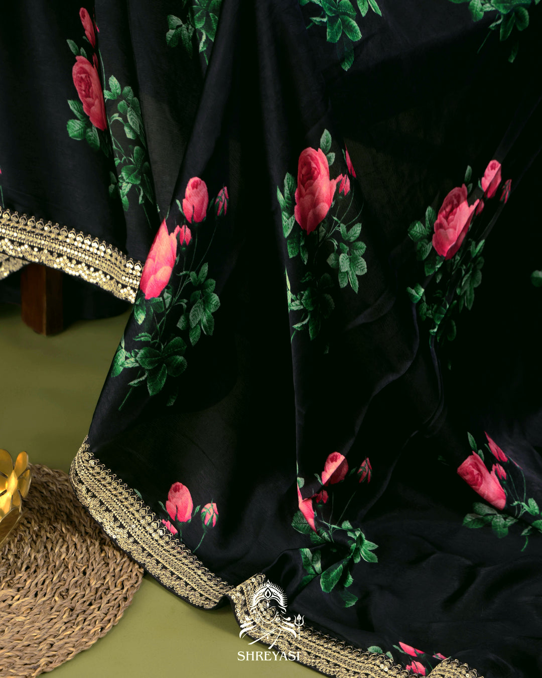 Black Chinon Satin Floral Saree with Embroidered Border