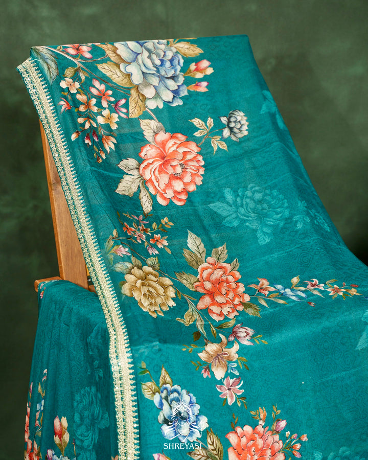 Floral Crepe Chiffon Saree with Embroidered Borders