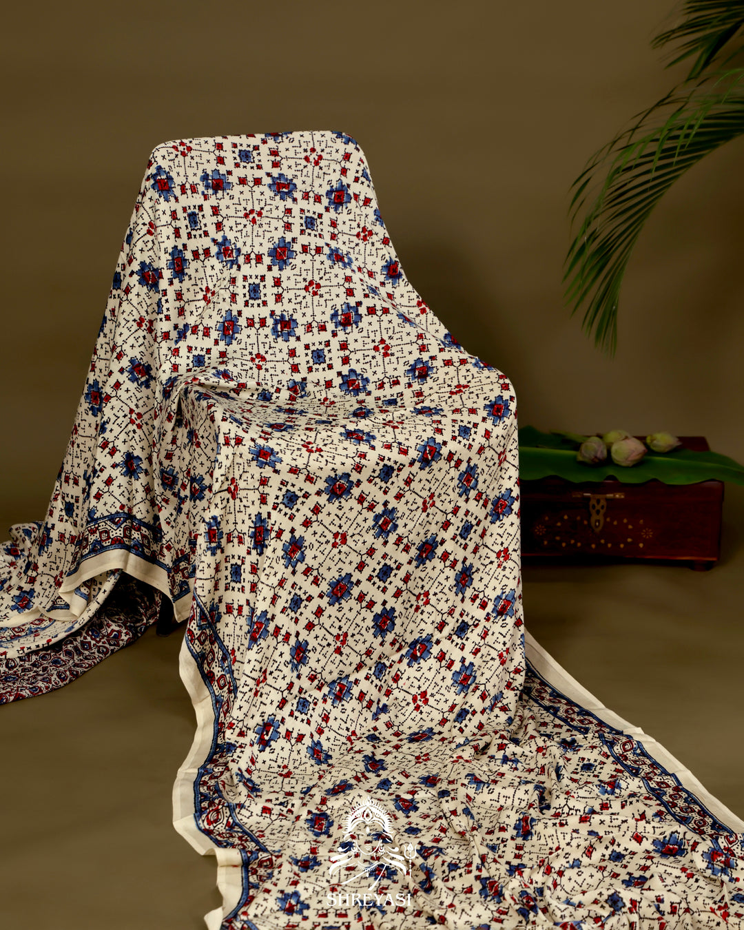 Pure Modal Gaji Silk Lagdi Patta Ivory Blue Ajrakh Saree in Natural Dyes