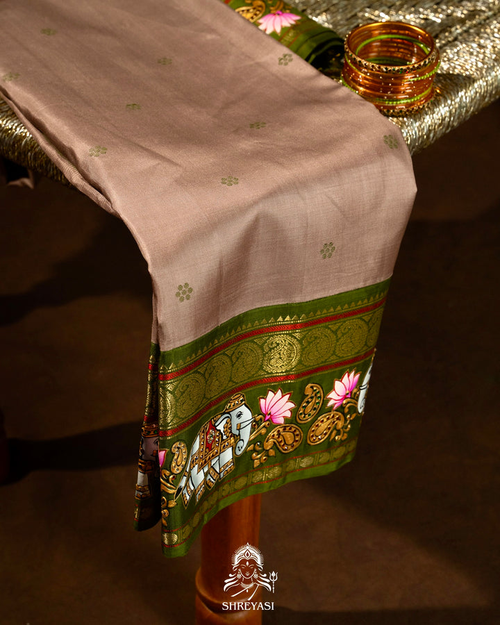 Traditional Tanjore Painting on Handloom Pure Kanjivaram Silk Sarees with Real Zari