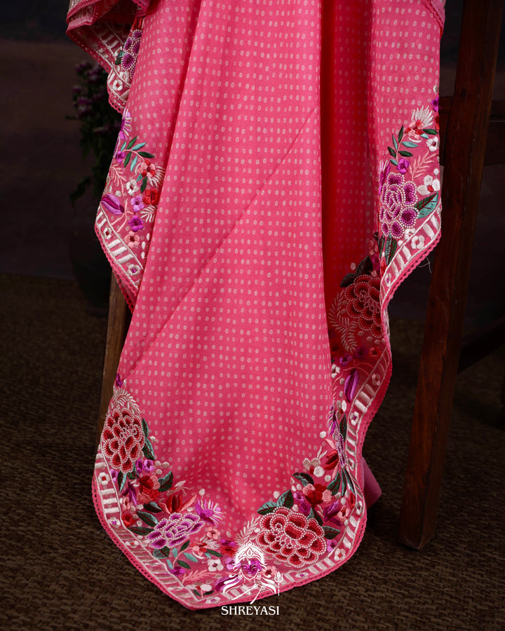 Pure Georgette Saree with Parsi Gara Style Embroidered Borders and Bandhej Body