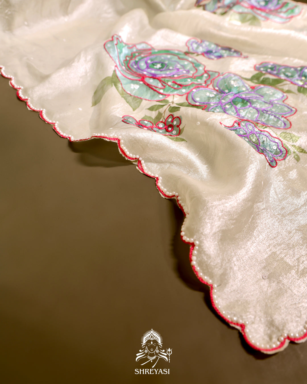 Glass Tissue Saree with Floral Print and  Embroidery