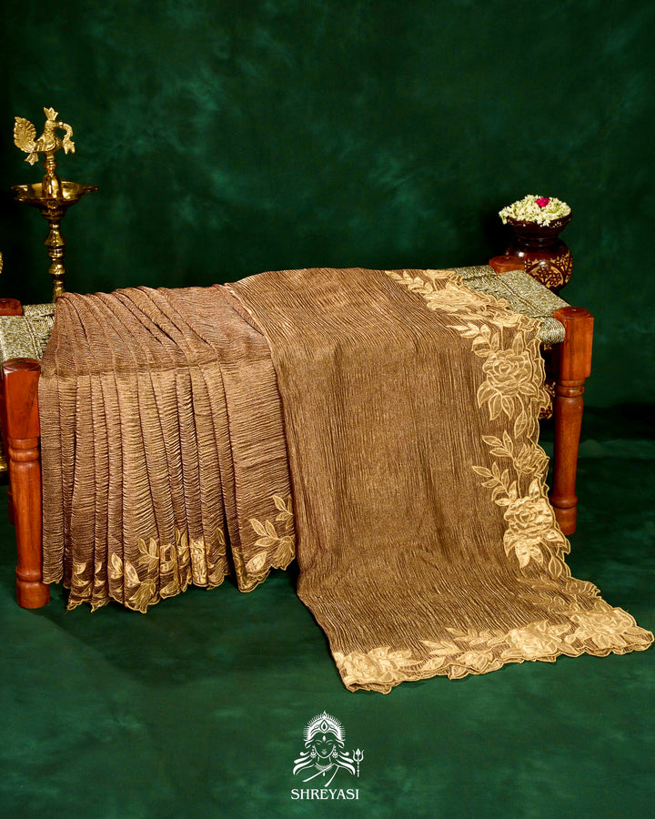 Handloom Pure Banarasi Crushed Tissue Silk Saree with Appliqué Borders