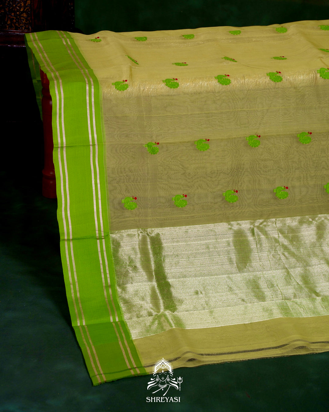 Handloom Pure Chanderi Silk Saree with Hand Embroidered Maggam Work Blouse