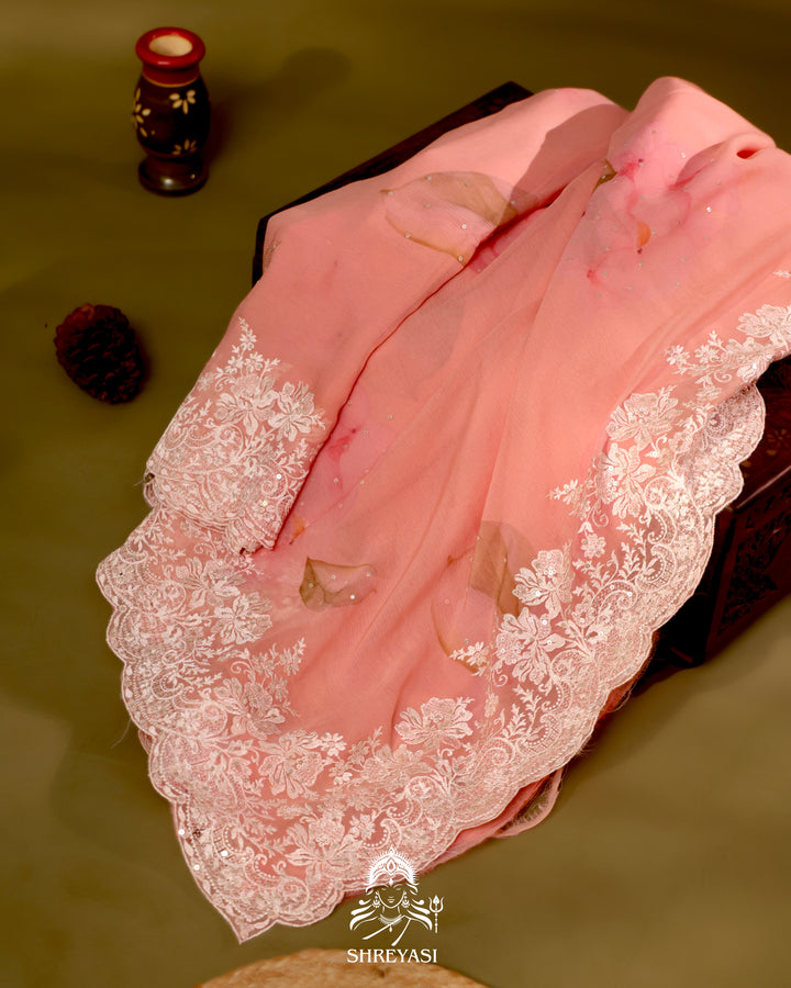 Floral Chiffon Georgette Saree with Scalloped Thread Embroidery