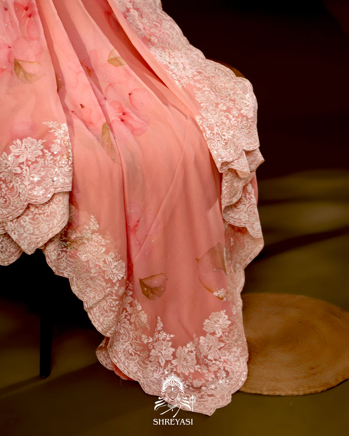 Floral Chiffon Georgette Saree with Scalloped Thread Embroidery