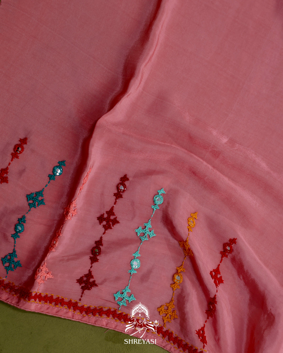 Pure Organza Silk Saree with Hand Embroidered Kutchi Shisha Mirror Work
