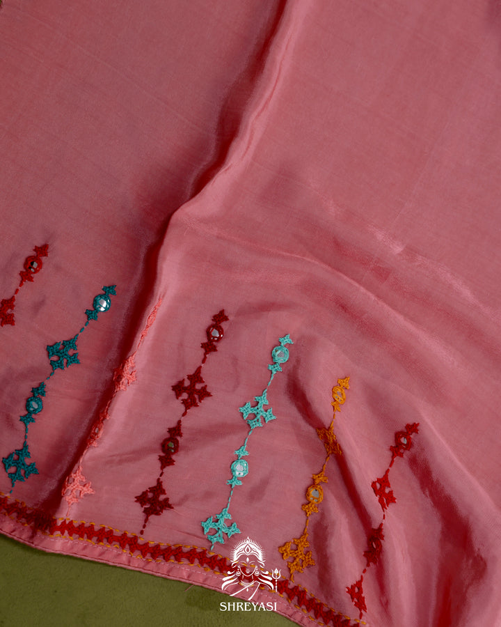 Pure Organza Silk Saree with Hand Embroidered Kutchi Shisha Mirror Work