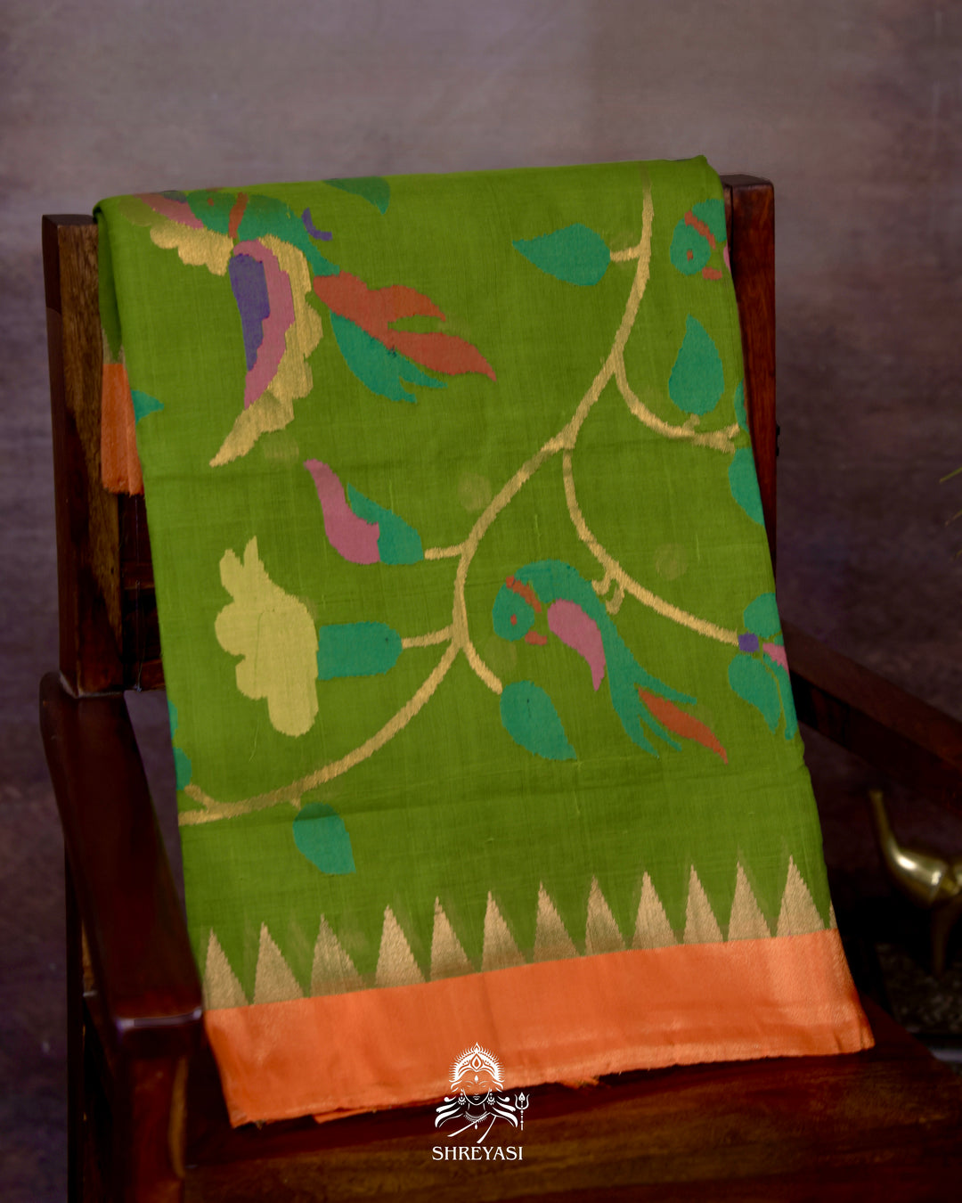 Handwoven Pure Ponduru Khadi Jamdani Saree in Fresh Leaf Green with Woven Floral & Bird Pallu