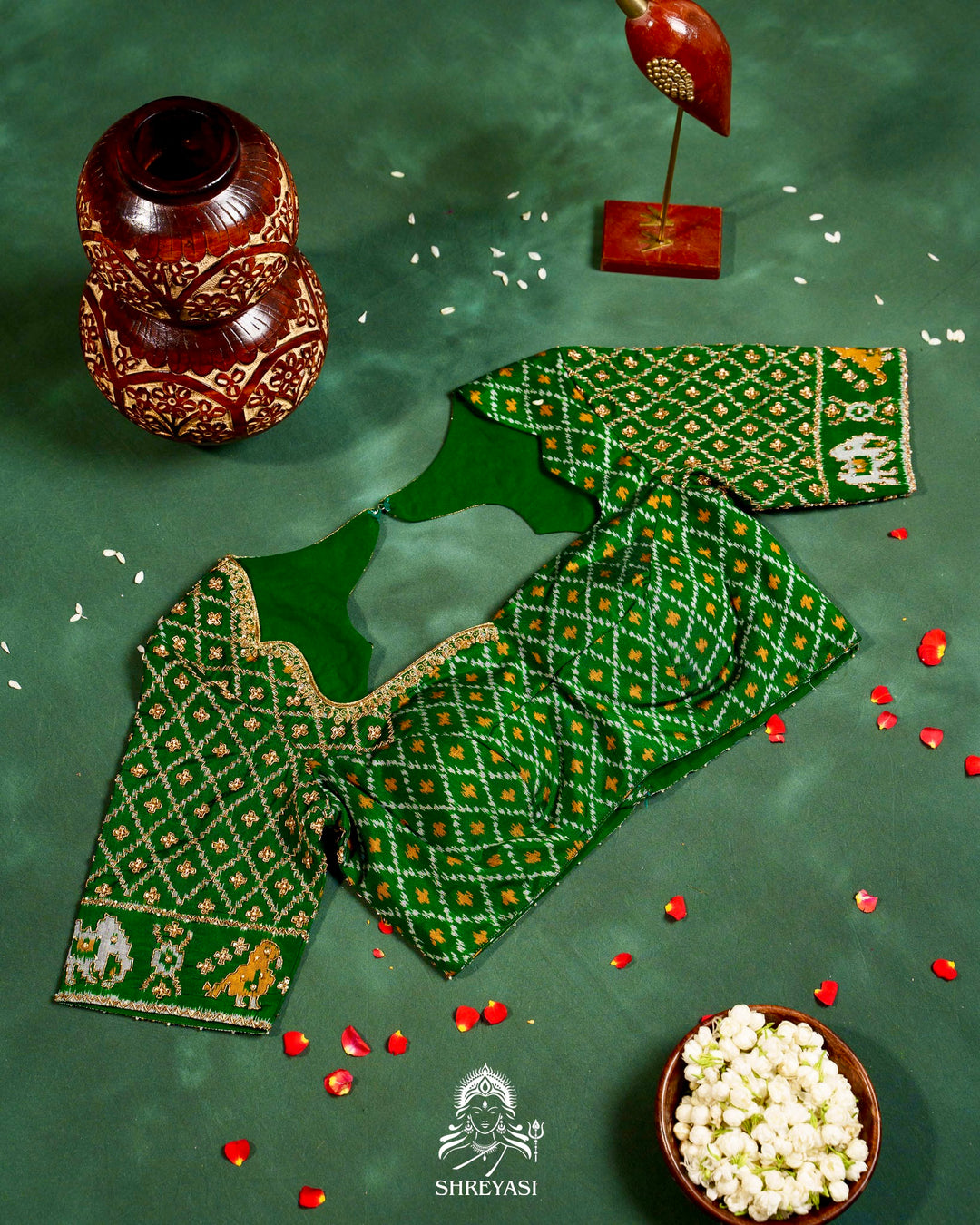 Handloom Pure Single Ikat Rajkot Patola Silk Blouse with Rich Hand Embroidery