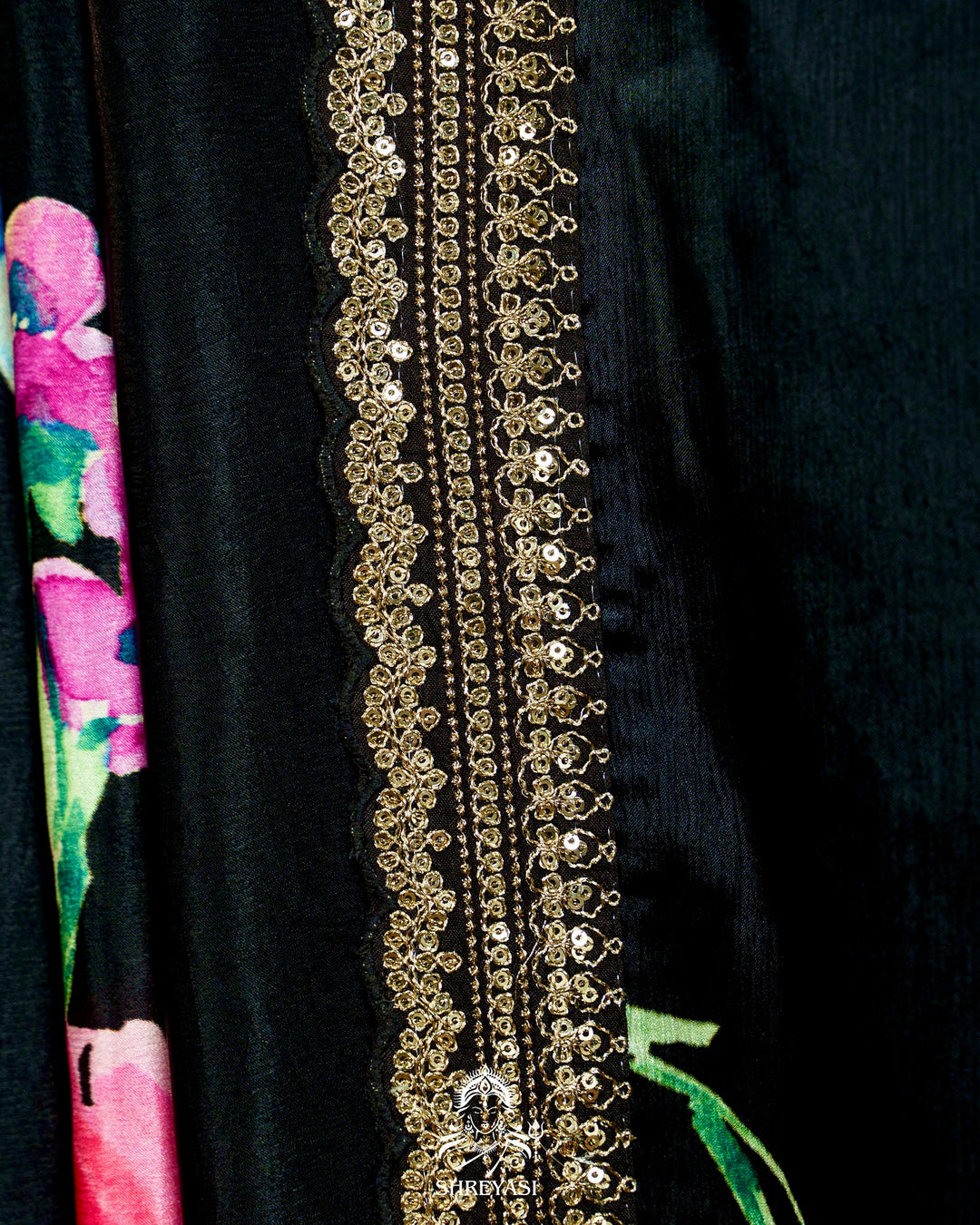 Pure Chinon Satin Saree with Floral Print and Embroidered Borders