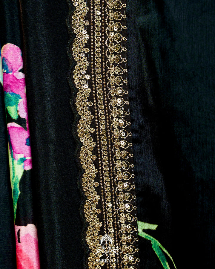 Pure Chinon Satin Saree with Floral Print and Embroidered Borders