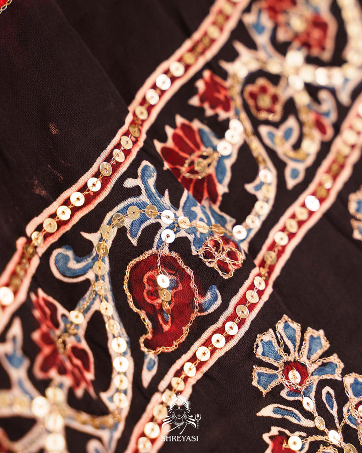Handloom Pure Modal Silk Ajrakh Hand Block Printed Saree with Natural Dyes, All Over Aari Embroidery & Embroidered Borders