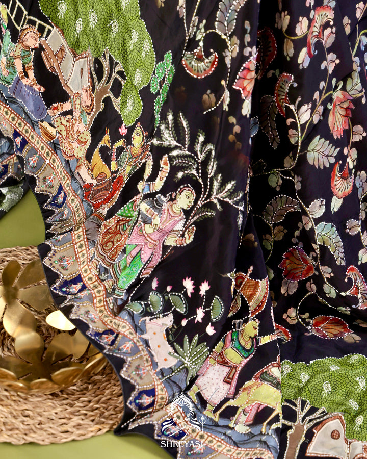 Pure Crepe Silk Saree with Kantha Embroidery
