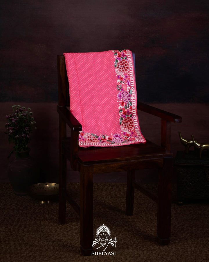 Pure Georgette Saree with Parsi Gara Style Embroidered Borders and Bandhej Body