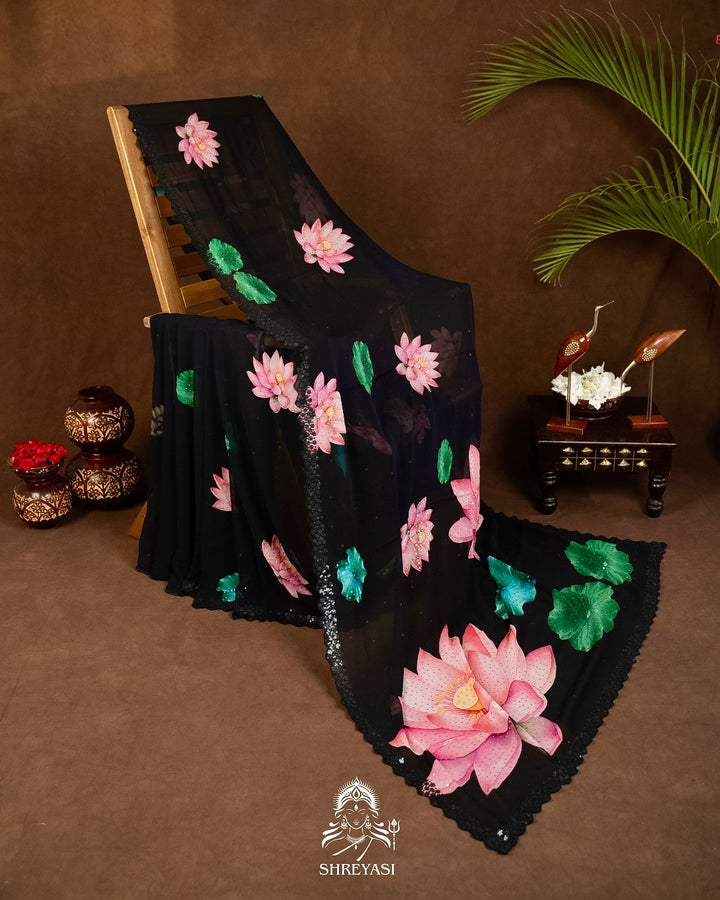 Pure Georgette Floral Saree with Sequin Embroidery