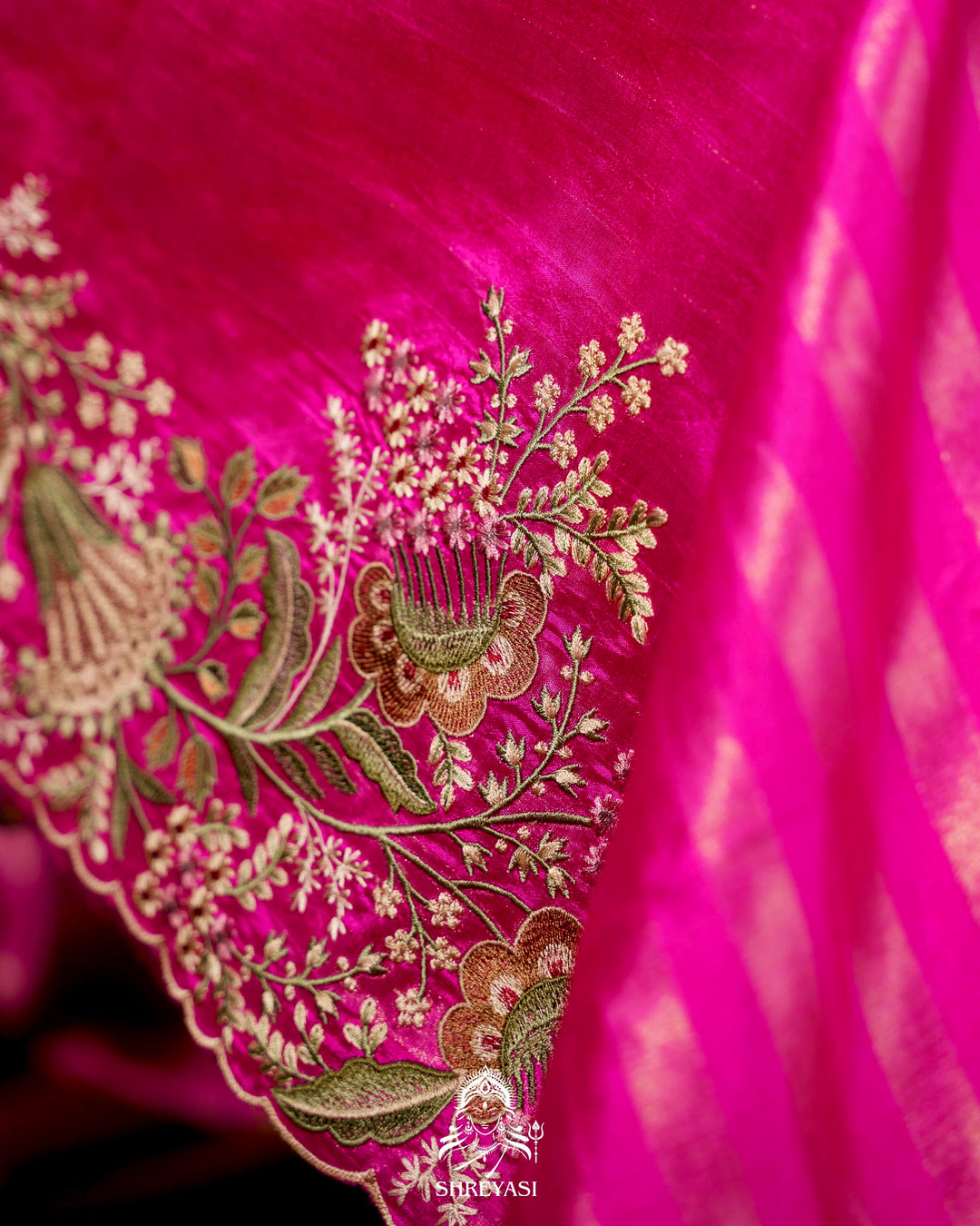 Handloom Pure Banarasi Silk Saree with Zari Stripes and Fine Resham Thread Embroidery