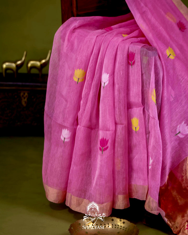 Handloom Silk Linen Jamdani Saree with Tissue Paithani Pallu