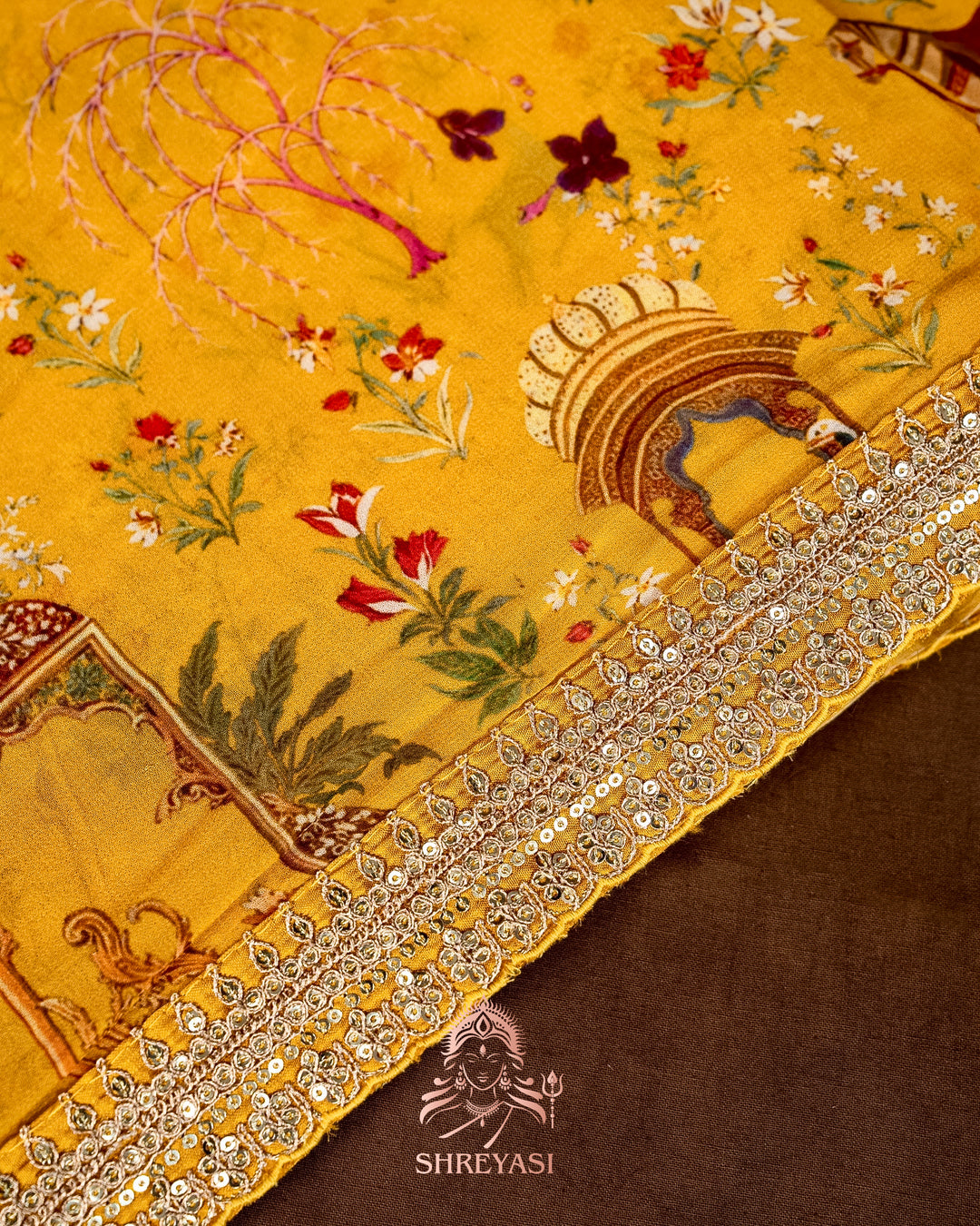 Mughal Garden Print Crepe Chinon Saree with Embroidered Border
