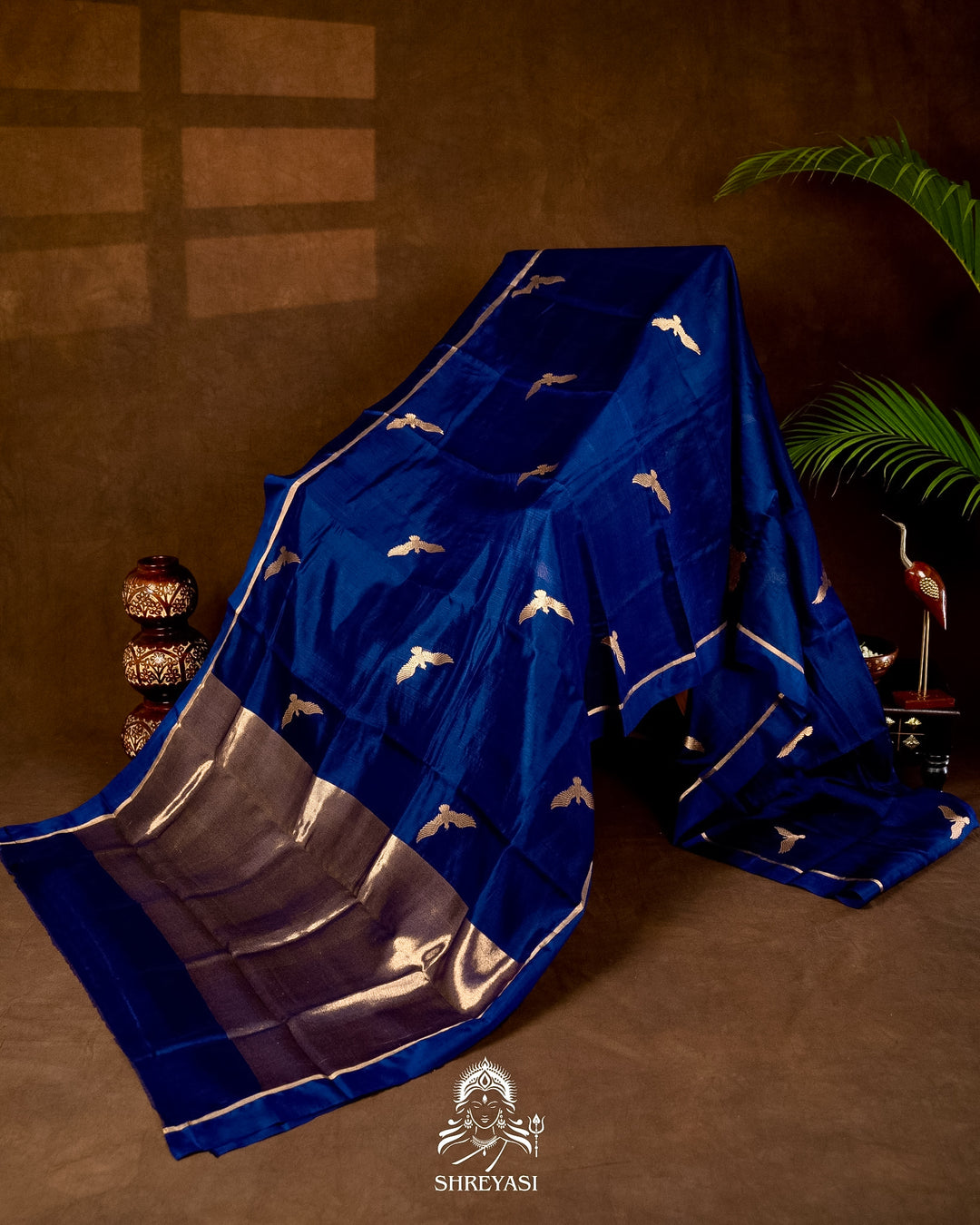 Handloom Pure Chanderi Pattu Silk Saree in Cobalt Blue with Bird Motifs