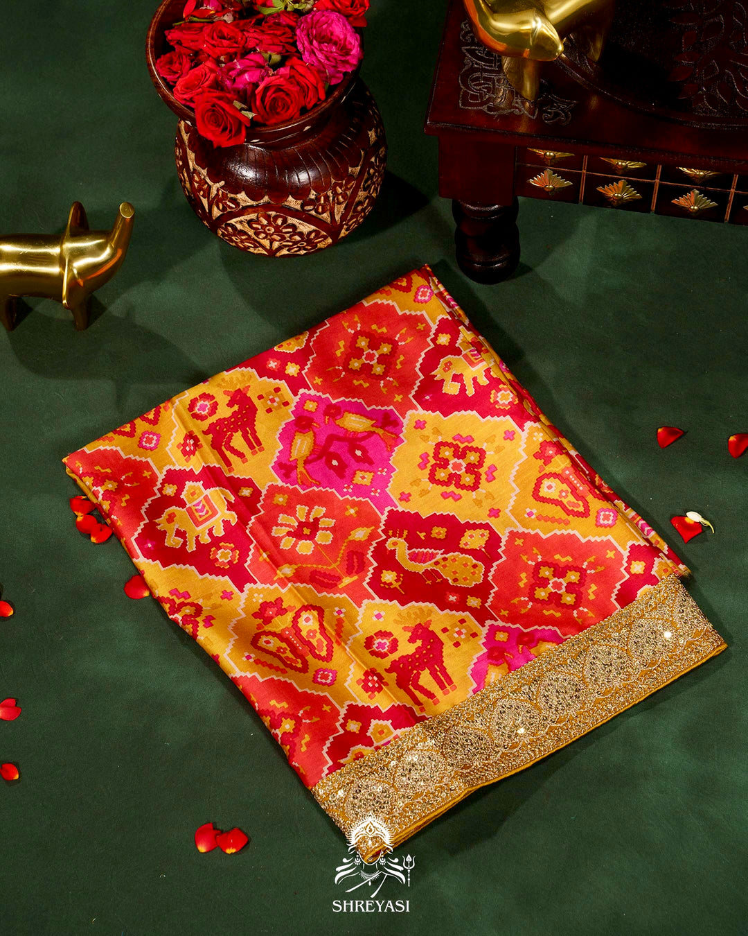 Pure Organza Silk Saree with Embellished Borders and Patola Print Silk Blouse