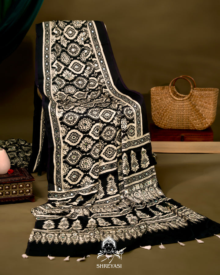 Ajrakh Hand Block Printed Pure Modal Silk Saree With Mirror Work
